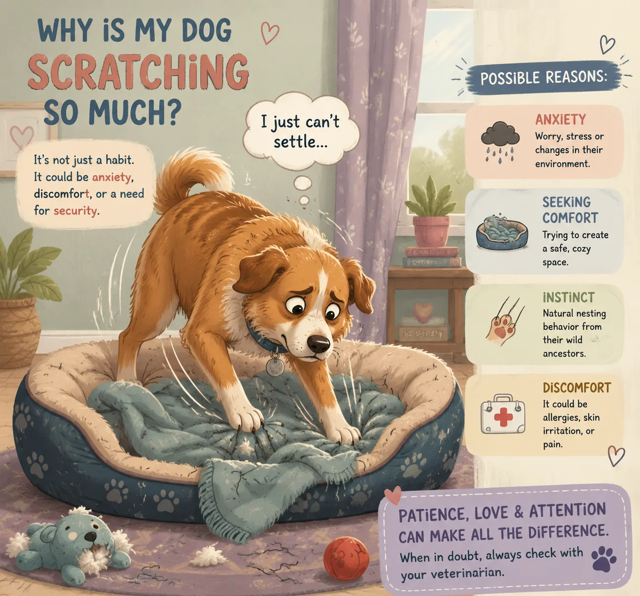 Anxious dog repeatedly scratching its sleeping bed indoors