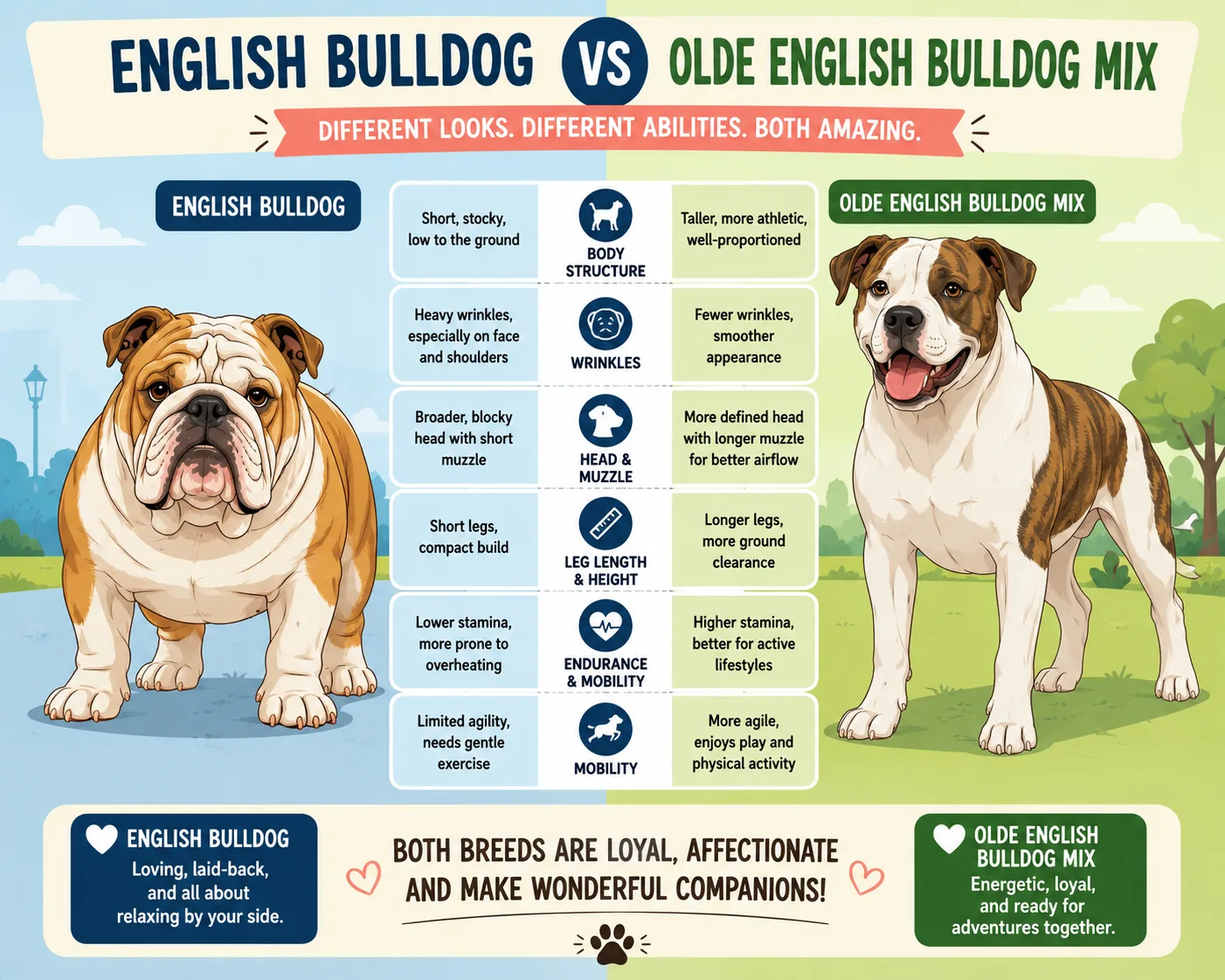 Stylized comparison of English Bulldog and Olde English Bulldog mix body structure