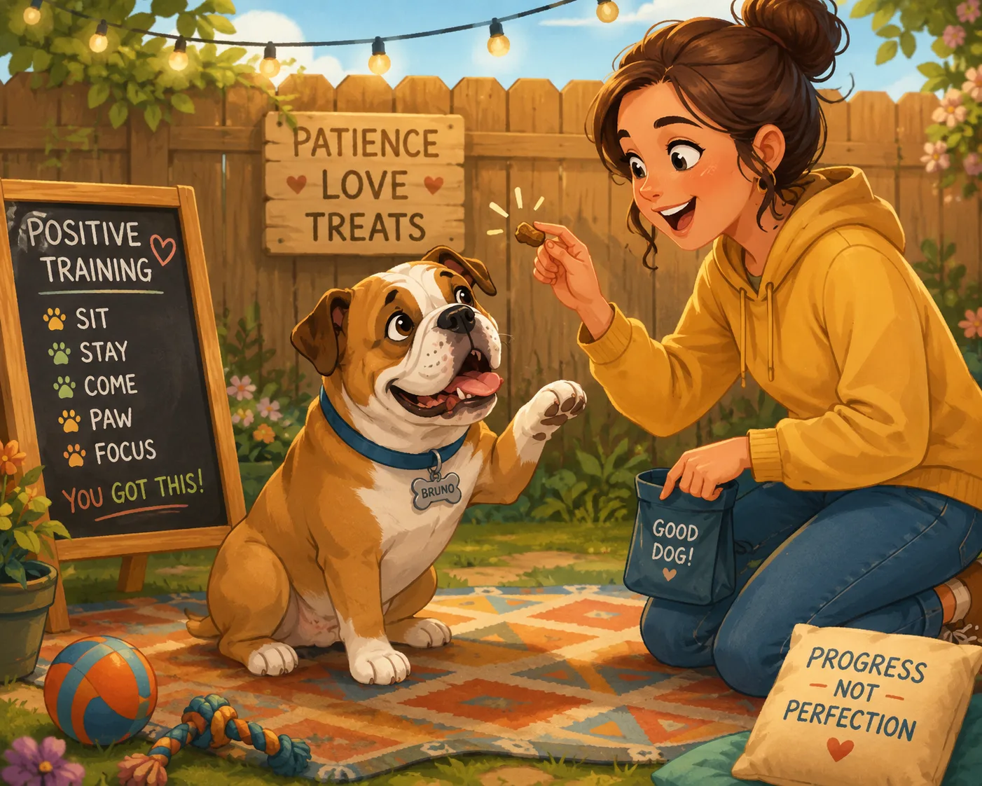 Cartoon bulldog mix learning commands during positive reinforcement training