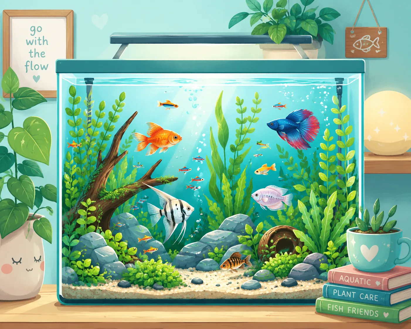 Crystal clear healthy freshwater aquarium with happy fish