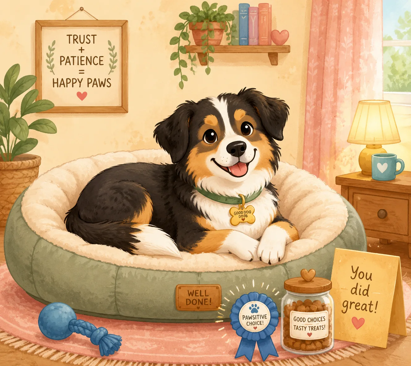 Happy dog relaxing on a soft comfortable bed after training