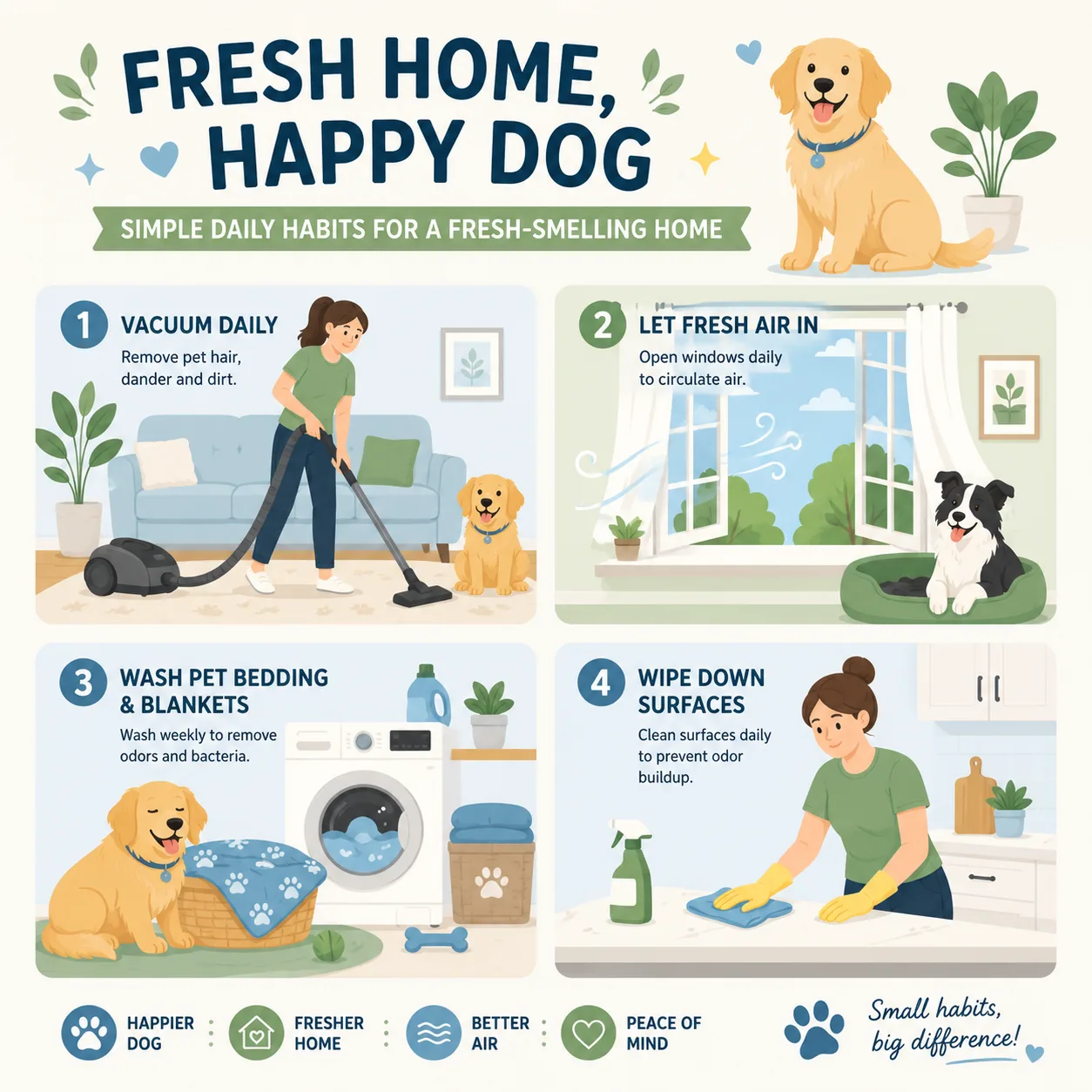 Minimal illustration of simple daily habits keeping a home fresh with dogs