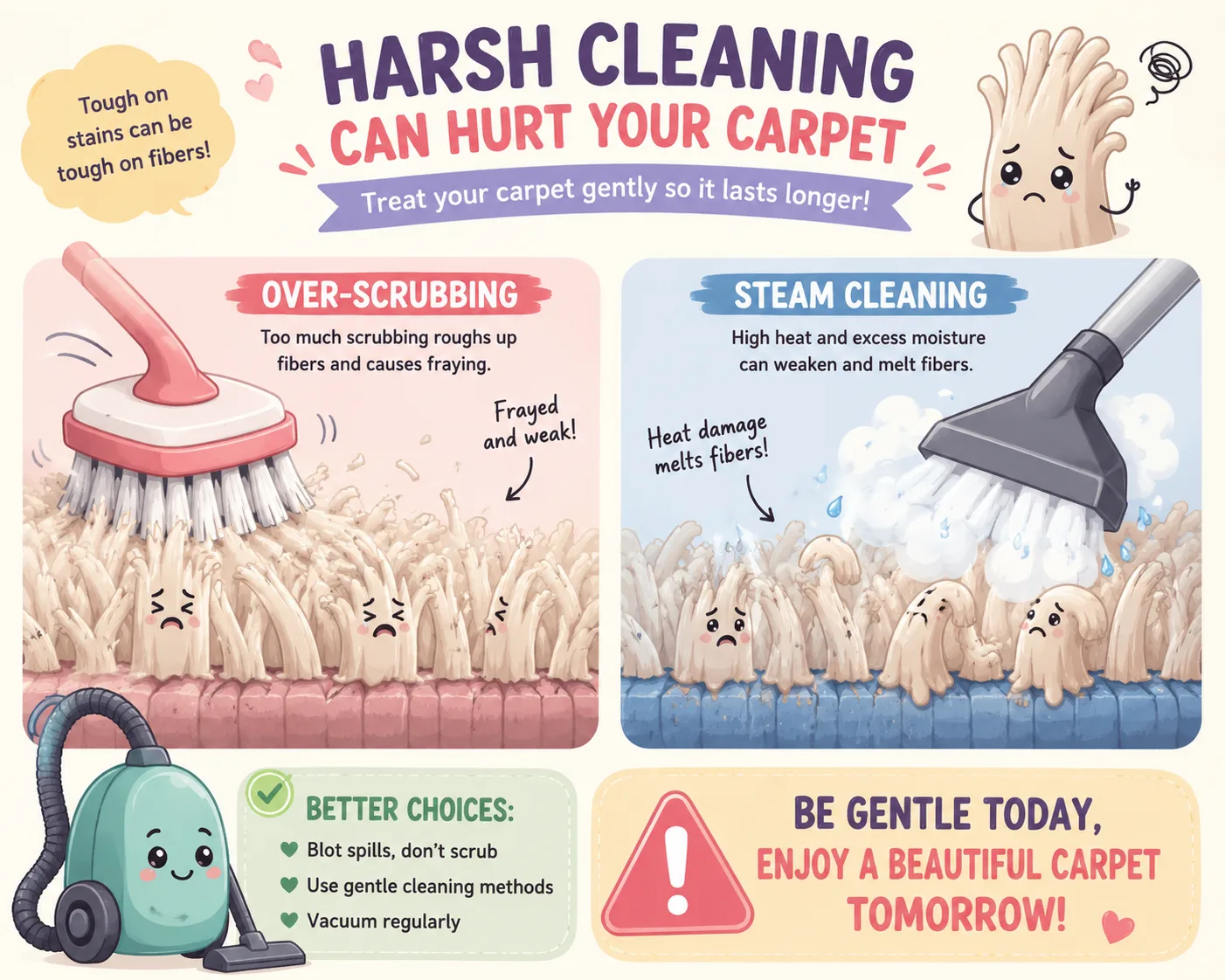 Illustration of carpet damage caused by improper cleaning methods