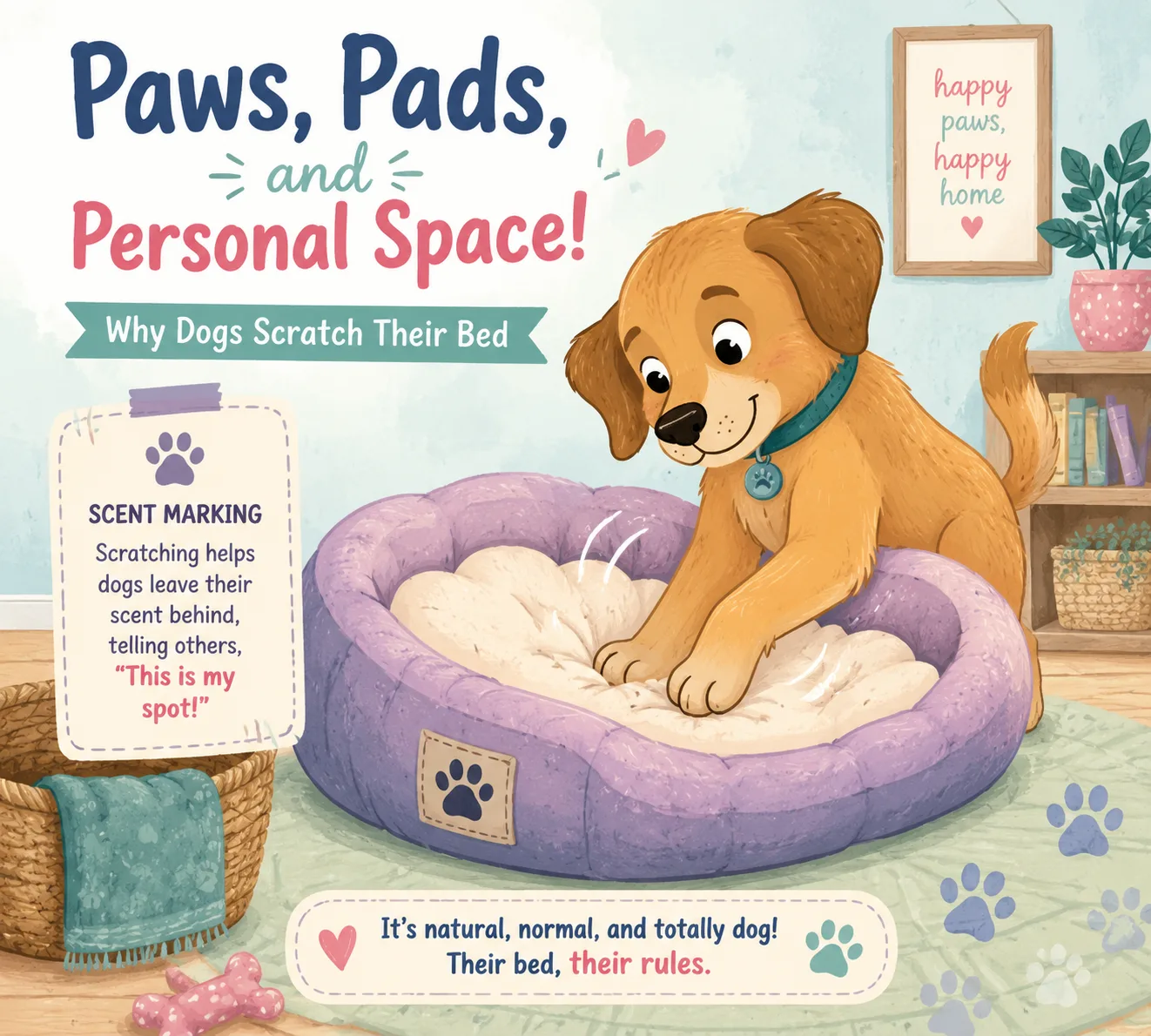Dog paw scent marking behavior on a cozy bed