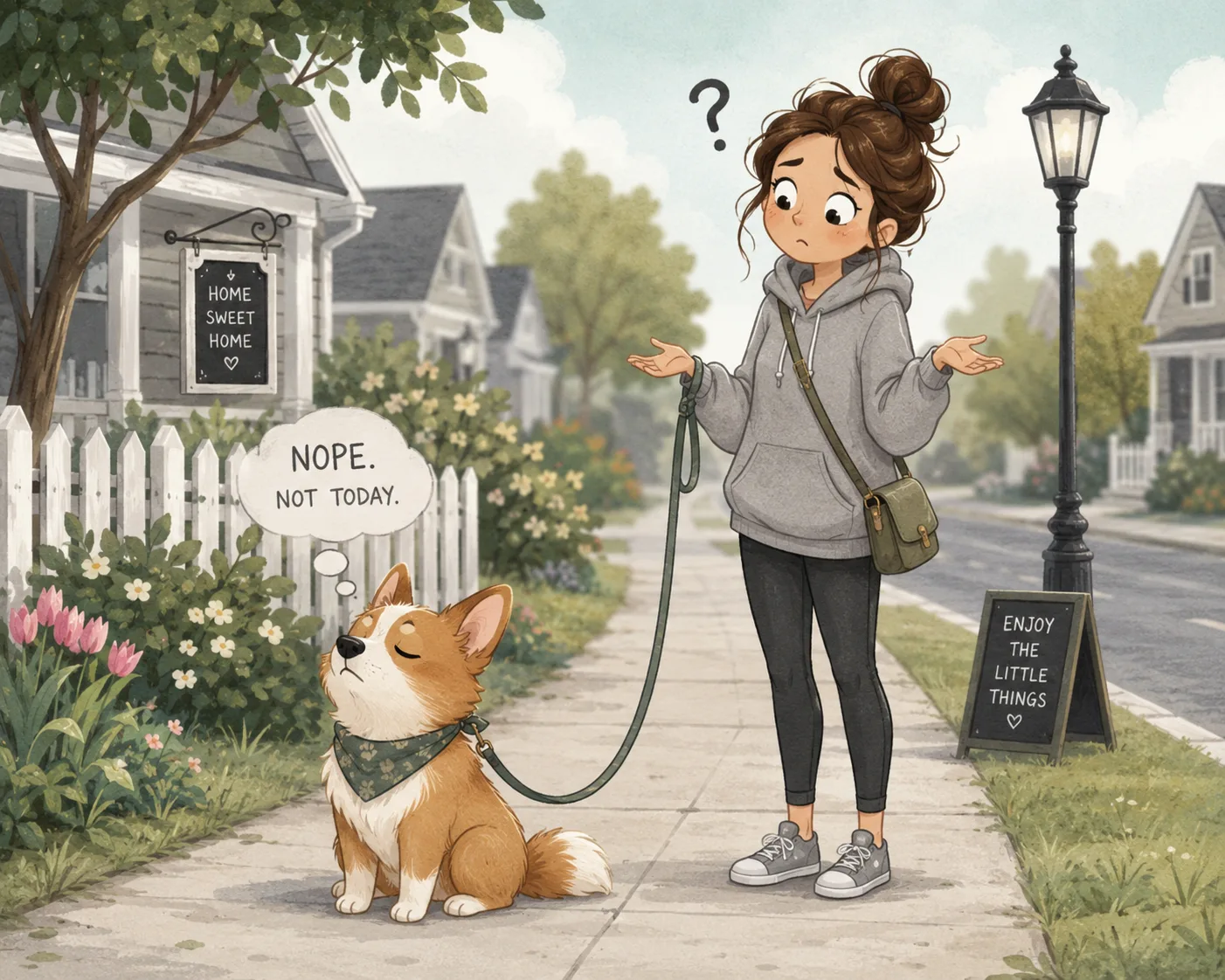 Cartoon dog stubbornly sitting on a sidewalk during a walk