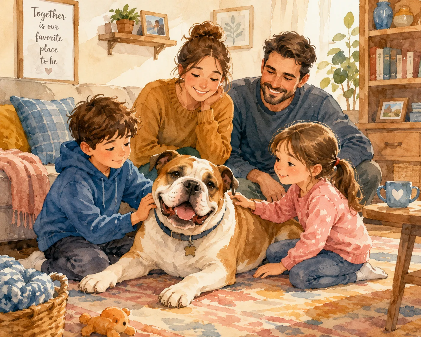 Whimsical family home scene with affectionate bulldog mix relaxing indoors