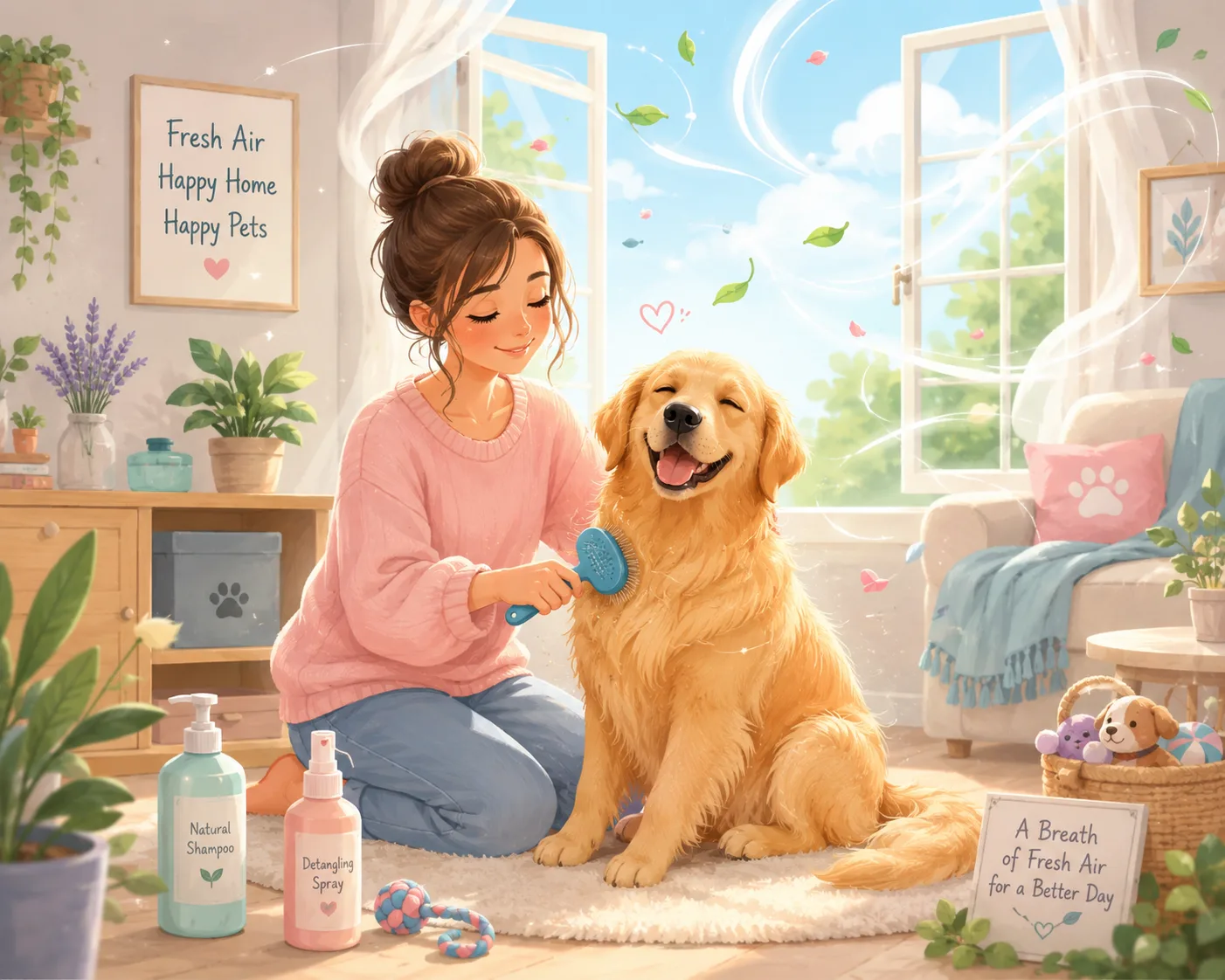 Whimsical illustration of fresh airflow and dog grooming routine