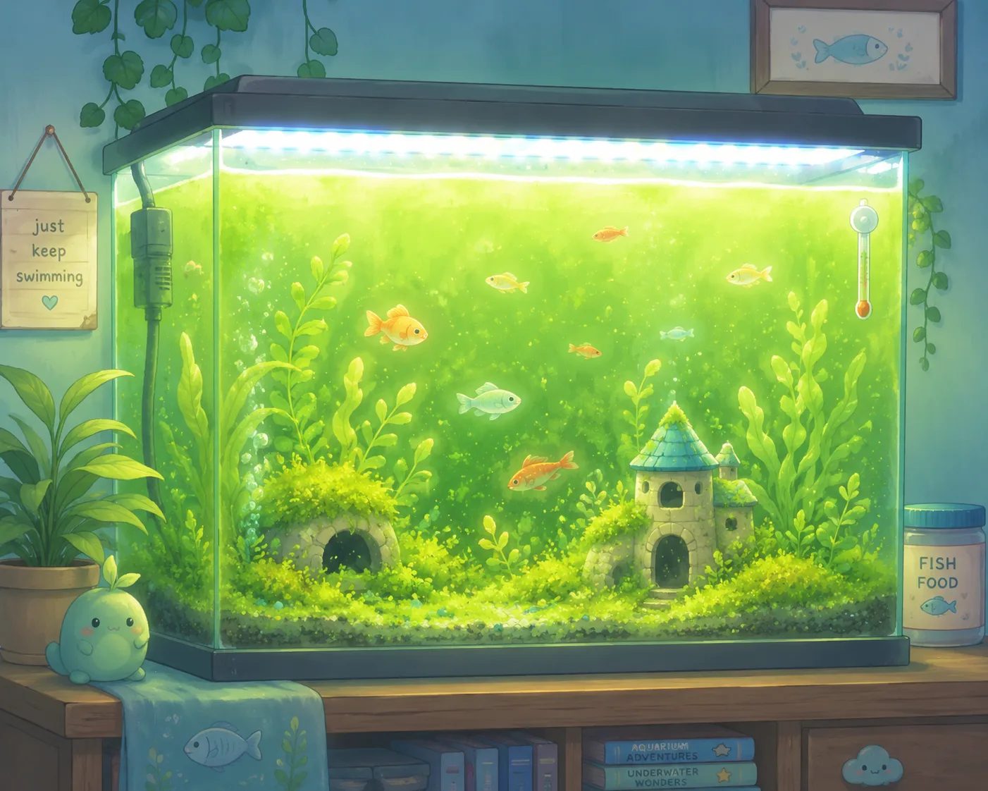 Green aquarium water caused by excessive aquarium lighting