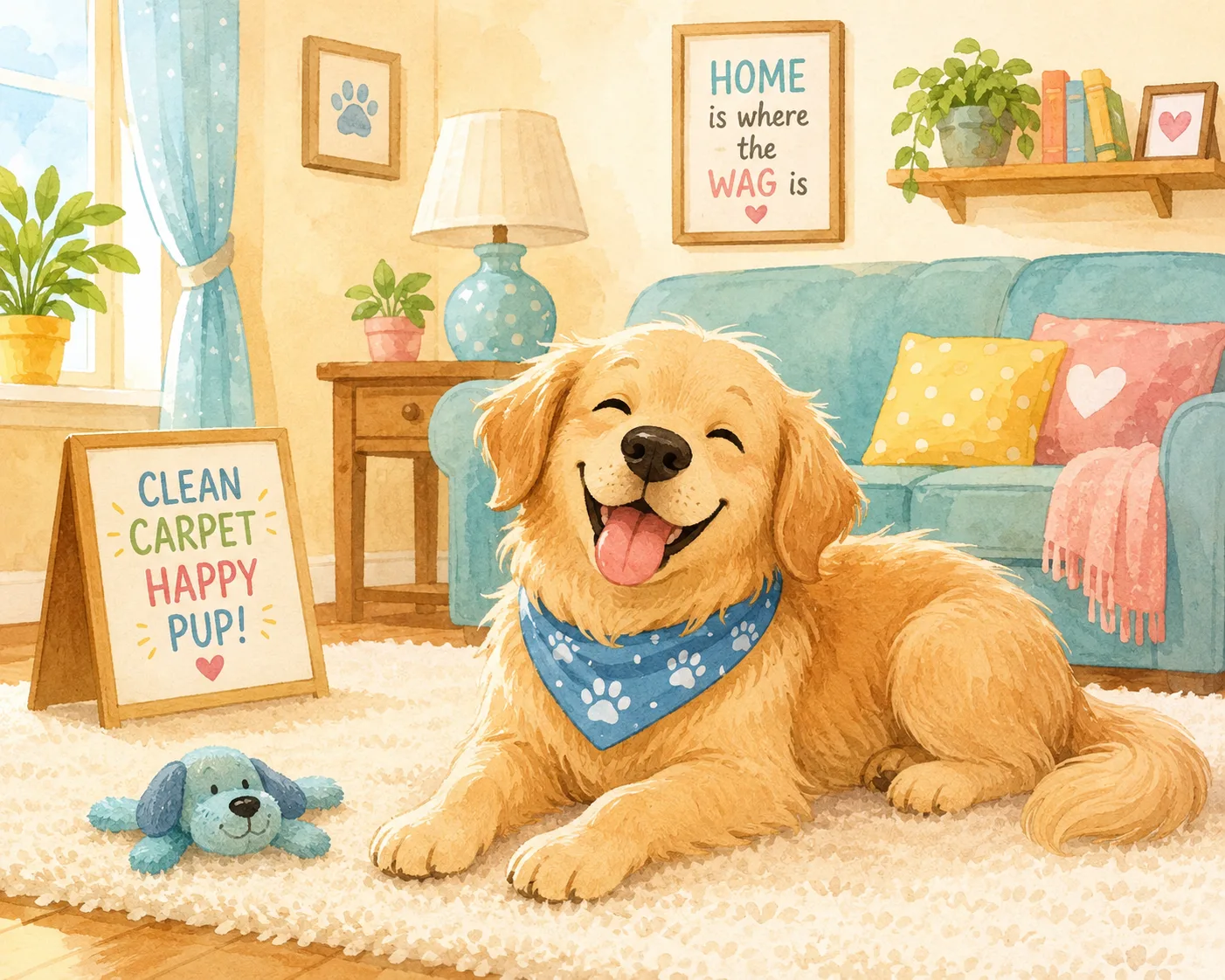 Happy dog relaxing on a freshly cleaned carpet