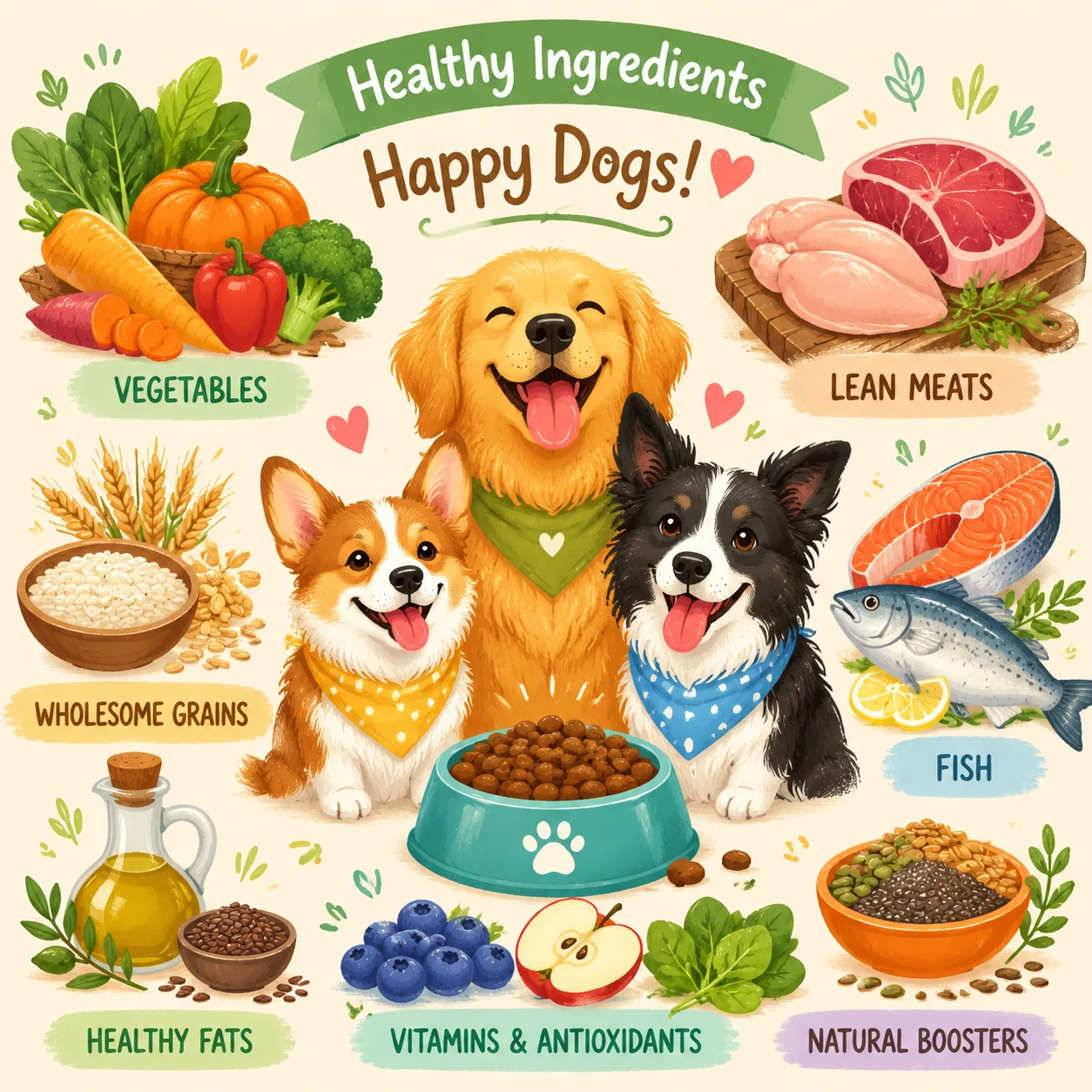 Cartoon illustration of healthy dog food ingredients and happy dogs