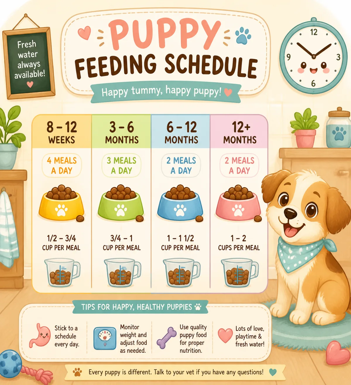 Cute illustrated puppy meal schedule with feeding bowls and clock