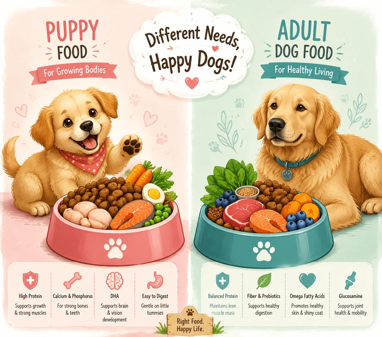 Illustrated comparison of puppy food and adult dog food bowls