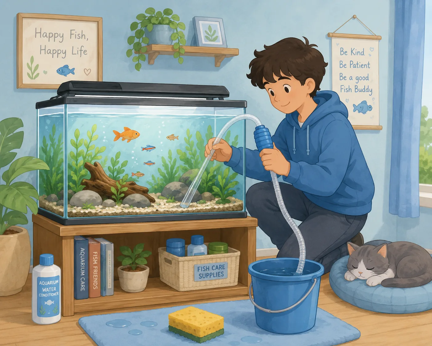 Aquarium owner performing regular fish tank maintenance routine