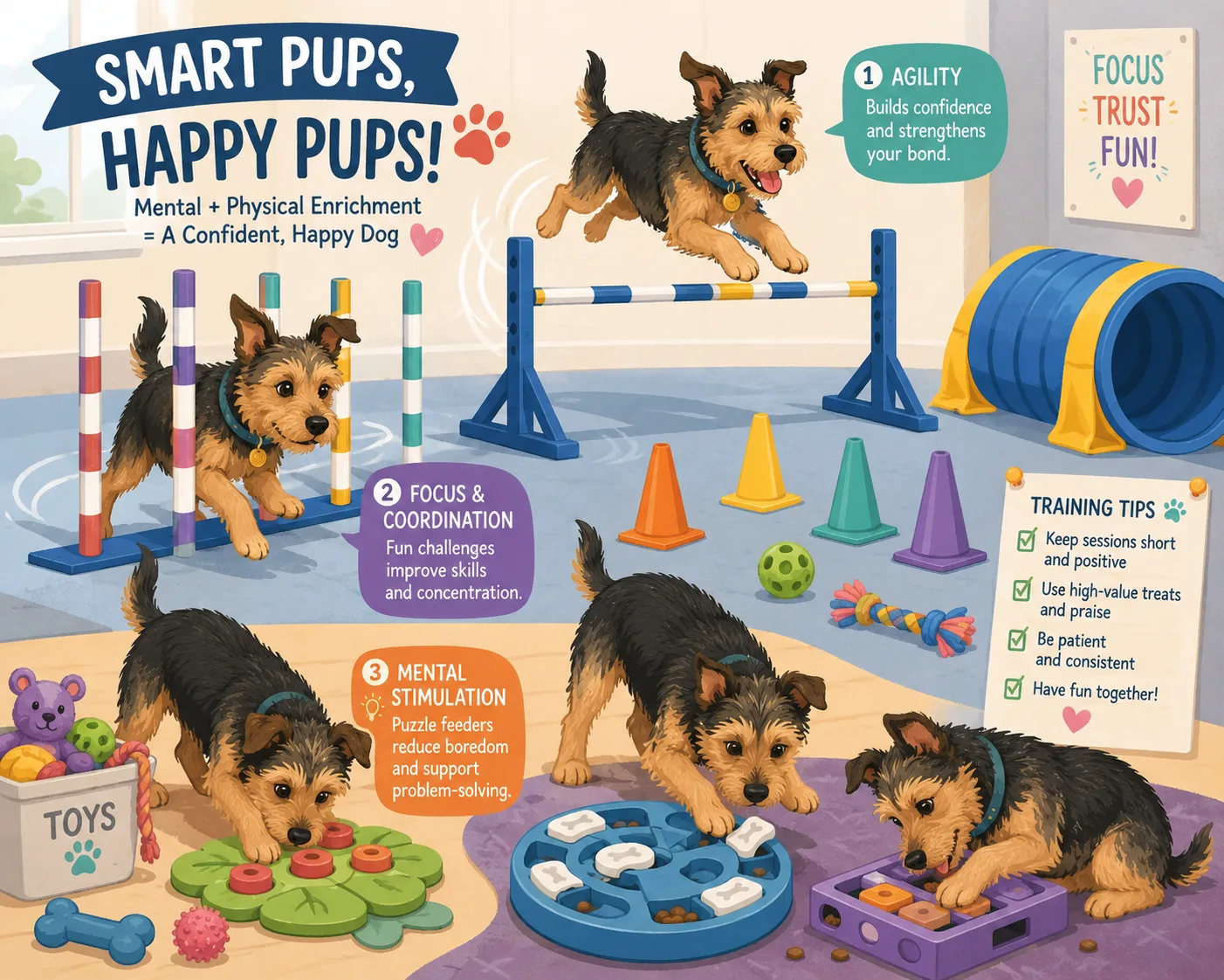 Small terrier mix practicing agility training and puzzle games