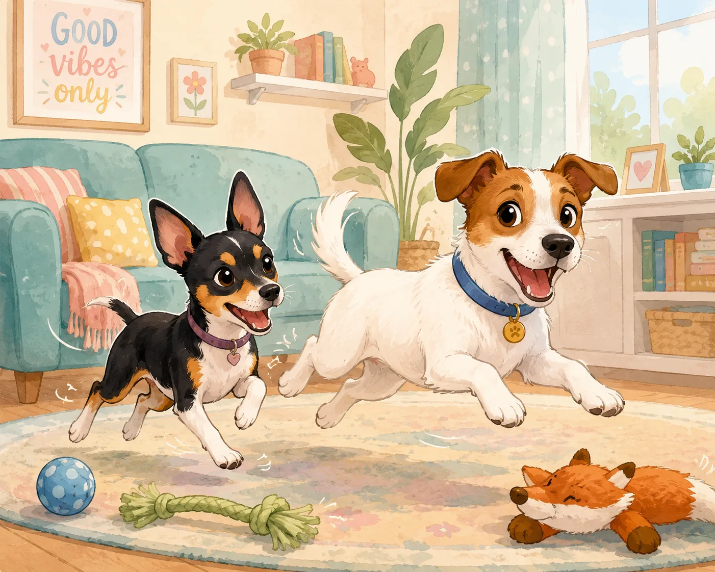 Energetic Toy Fox Terrier and Jack Russell mix playing indoors